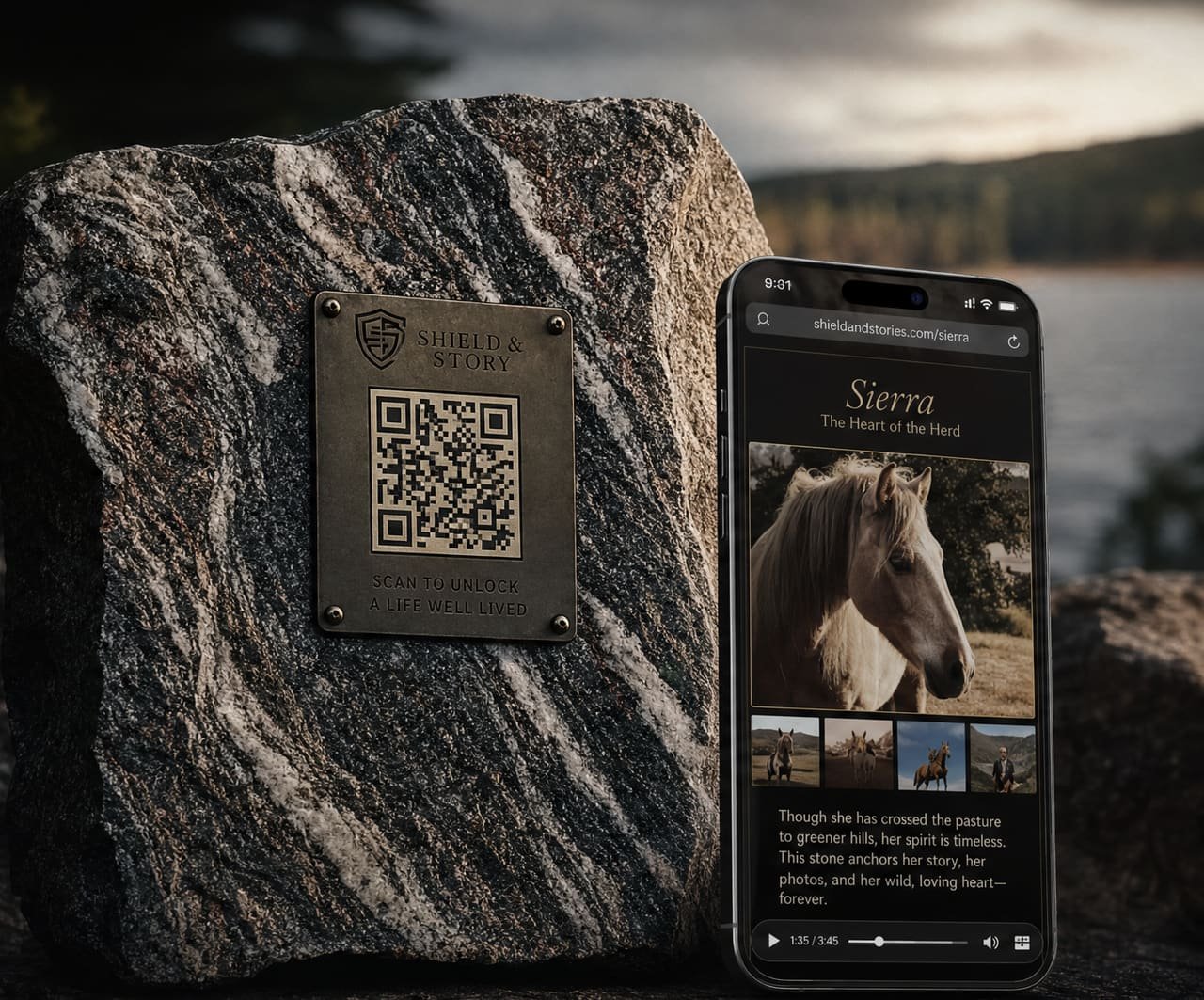 A hand-chiselled Canadian Shield stone with a bronze QR plaque, standing beside a phone showing Sierra's legacy page